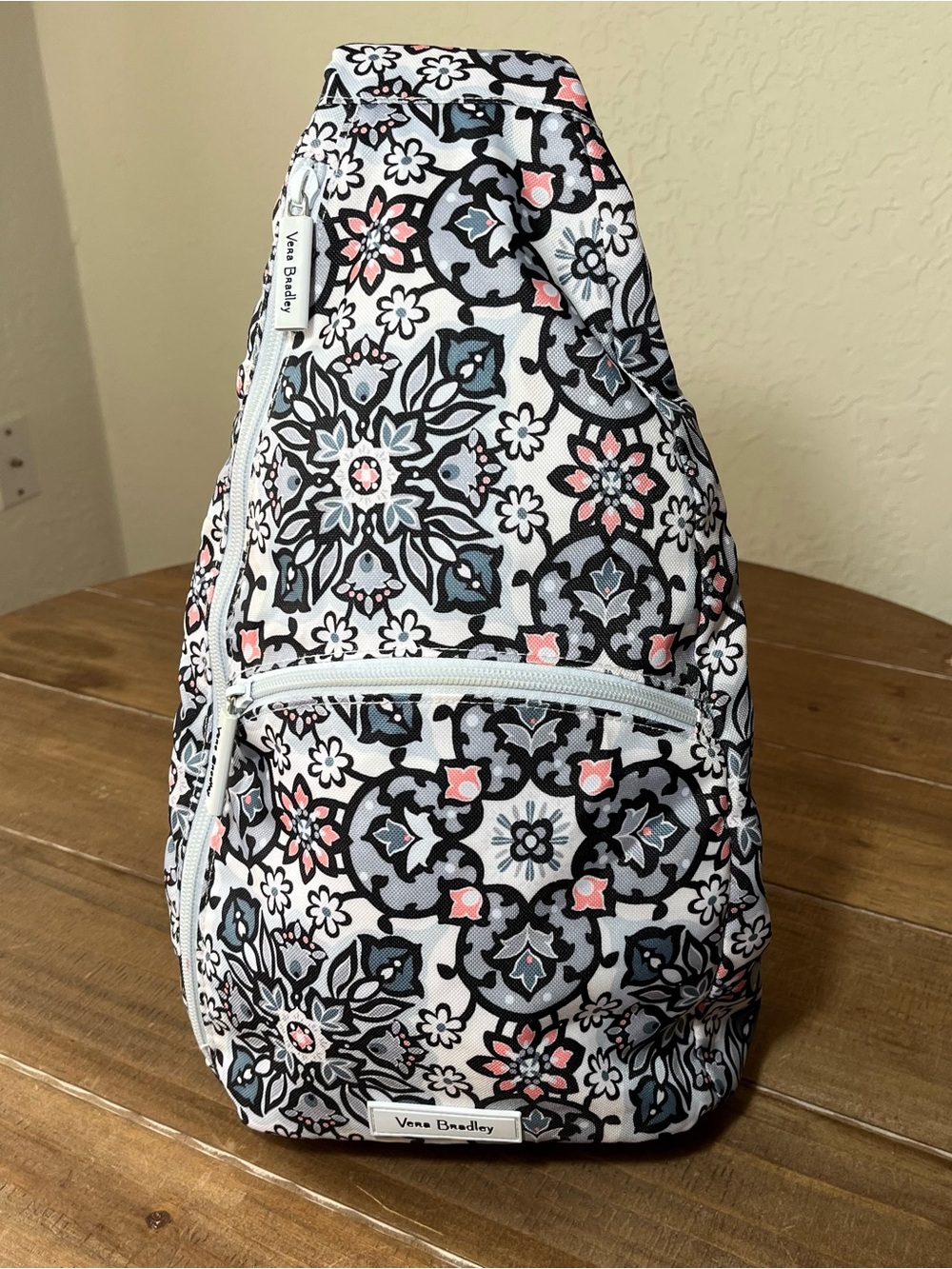 Vera Bradley White Floral Crossbody Sling with Pink & Gray Motif